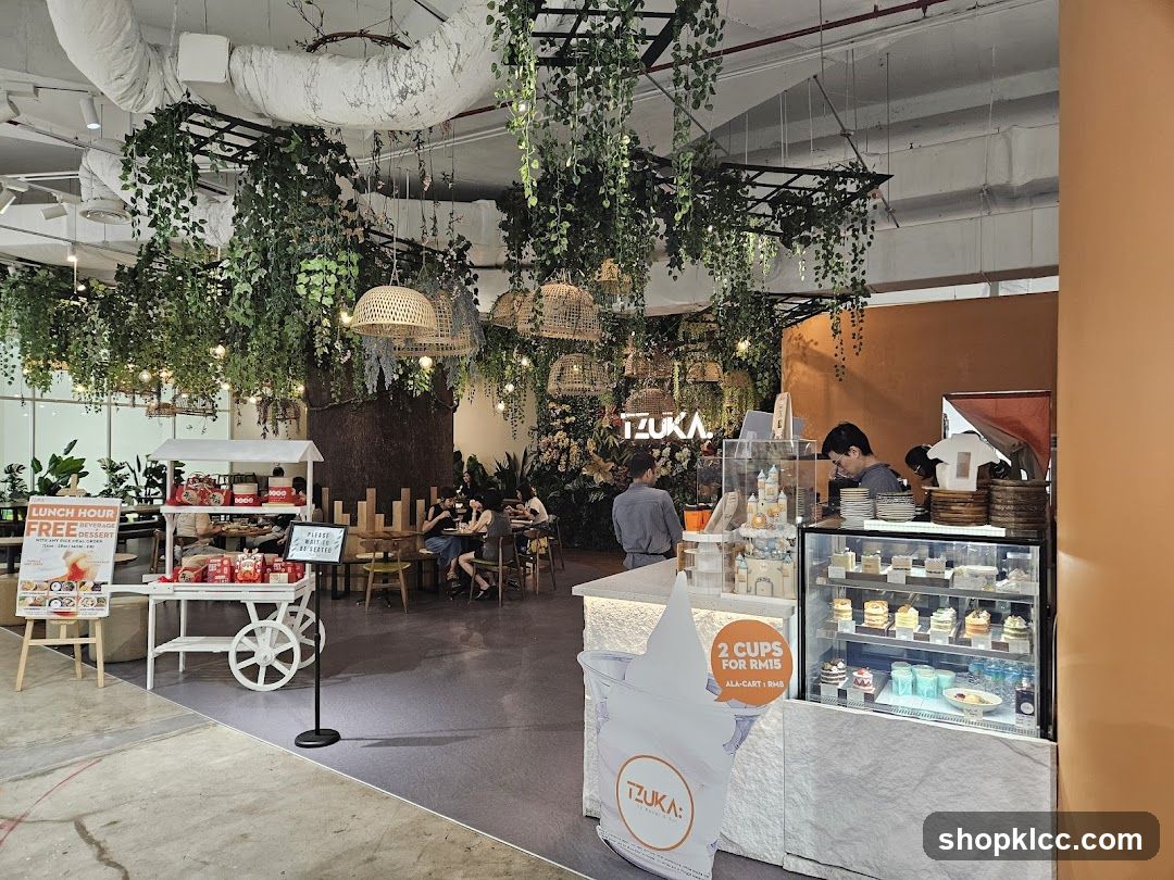 Cafe Interior with Lush Greenery and Desserts