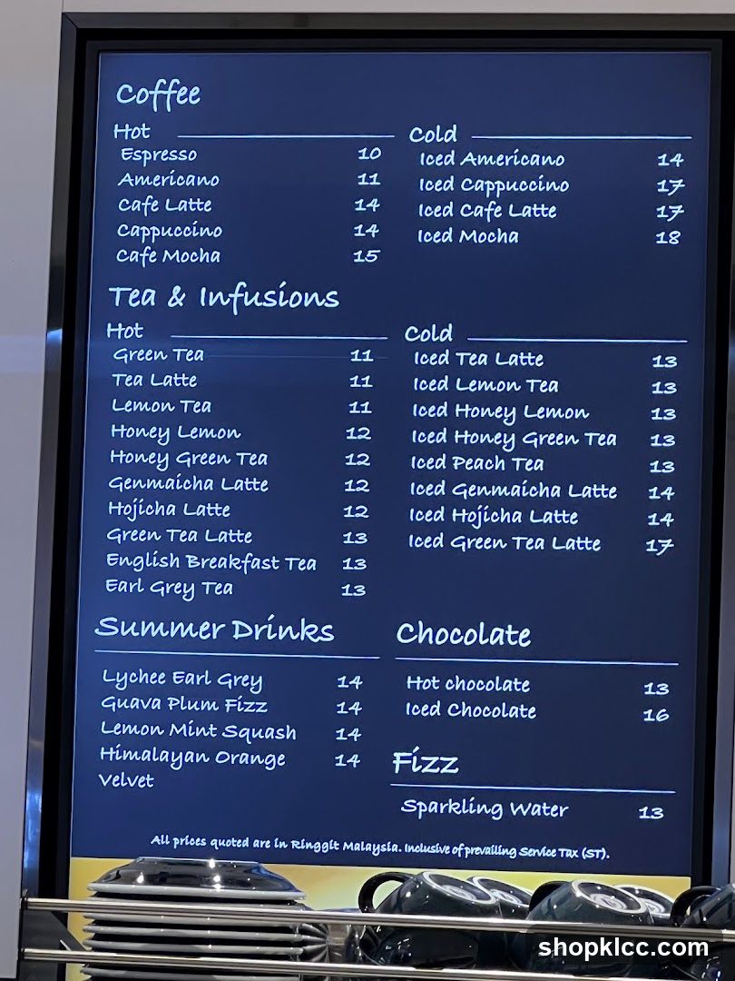Coffee, Tea & Infusions, Chocolate, and Fizz Menu