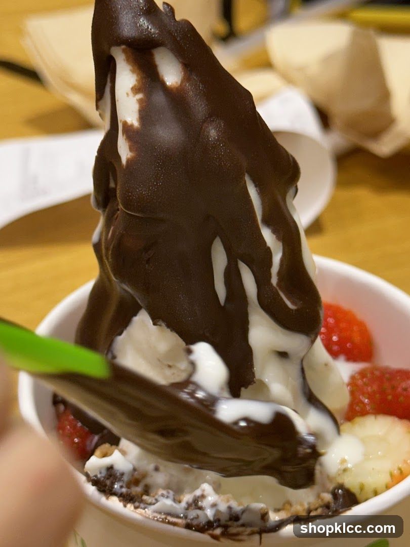 Soft Serve Ice Cream with Chocolate Drizzle and Strawberries