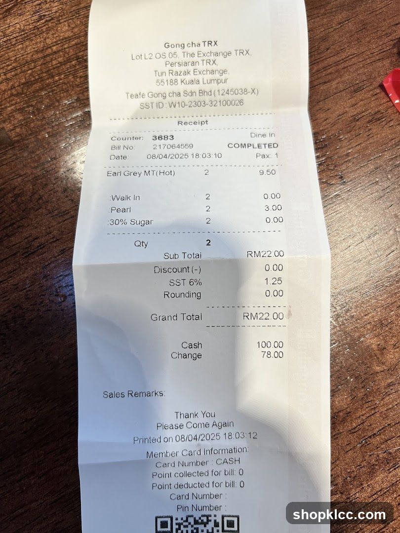 Gong cha TRX Receipt