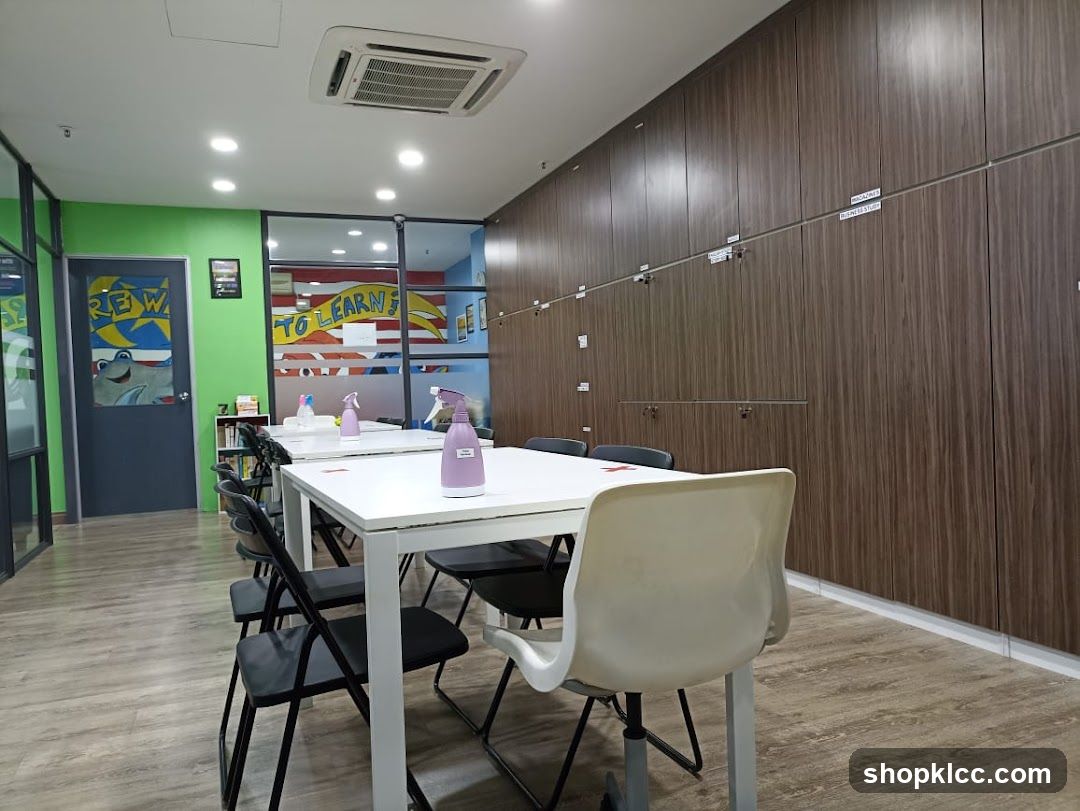 Classroom Interior with Tables and Chairs