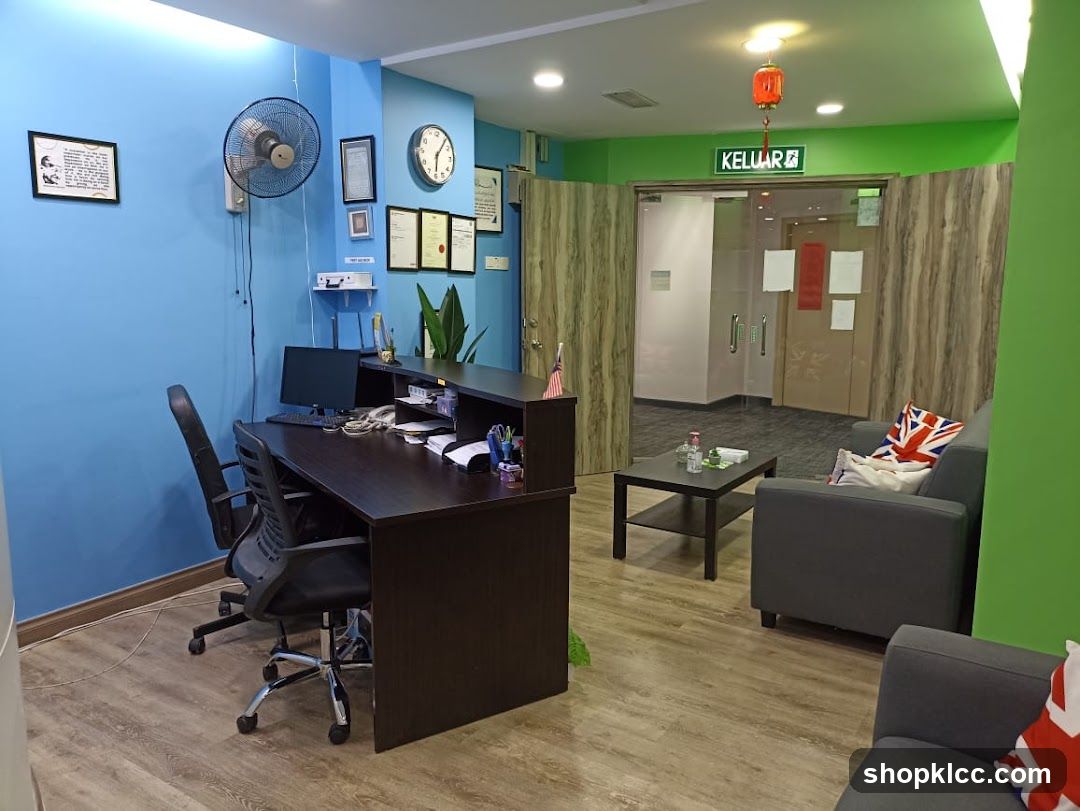 Office Interior with Reception Desk and Waiting Area