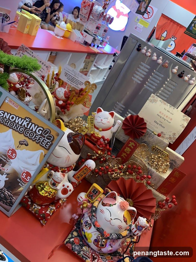 Maneki-neko decorations and menu