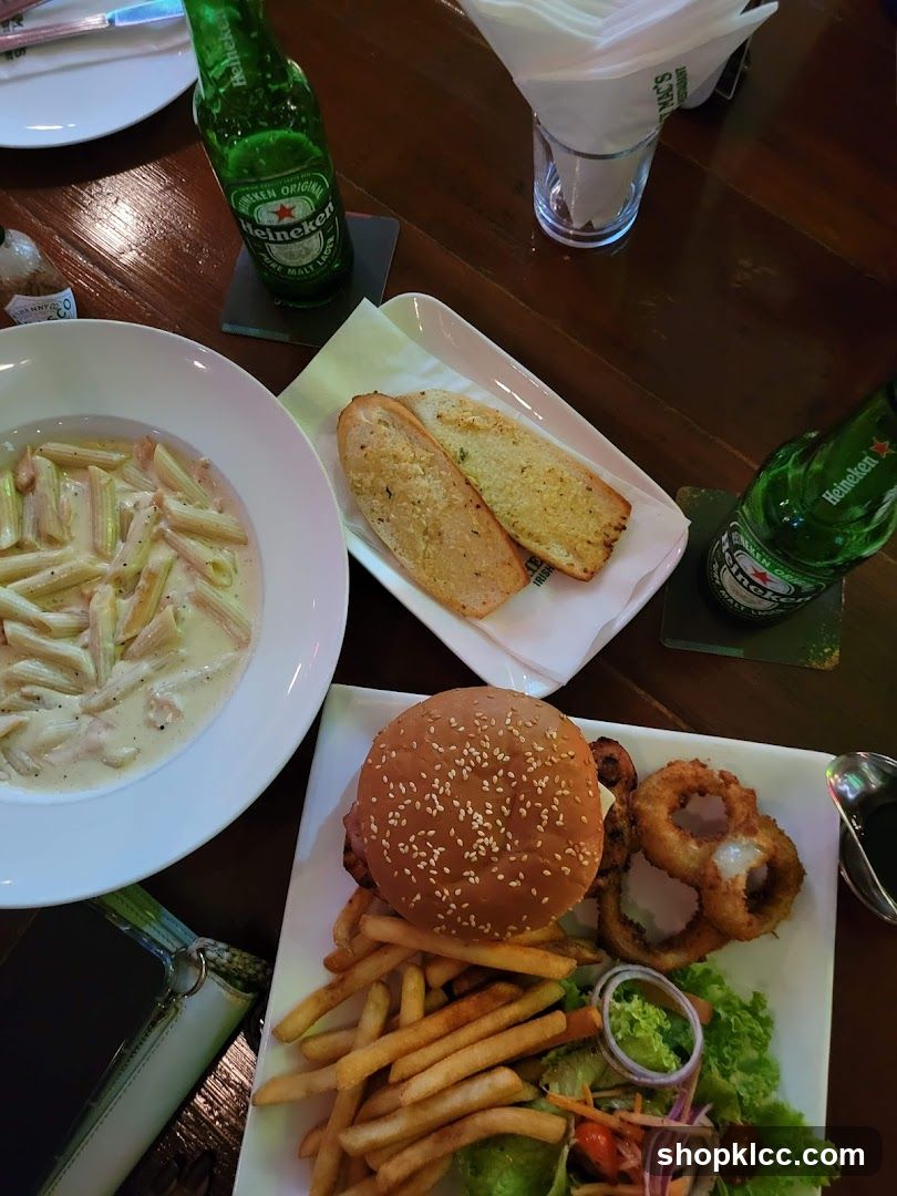 Burger, Fries, Pasta, and Beer