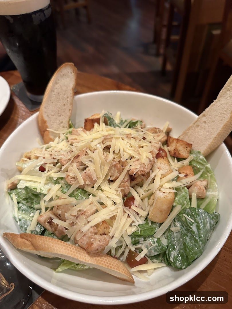 Chicken Caesar Salad with Bread and Beer