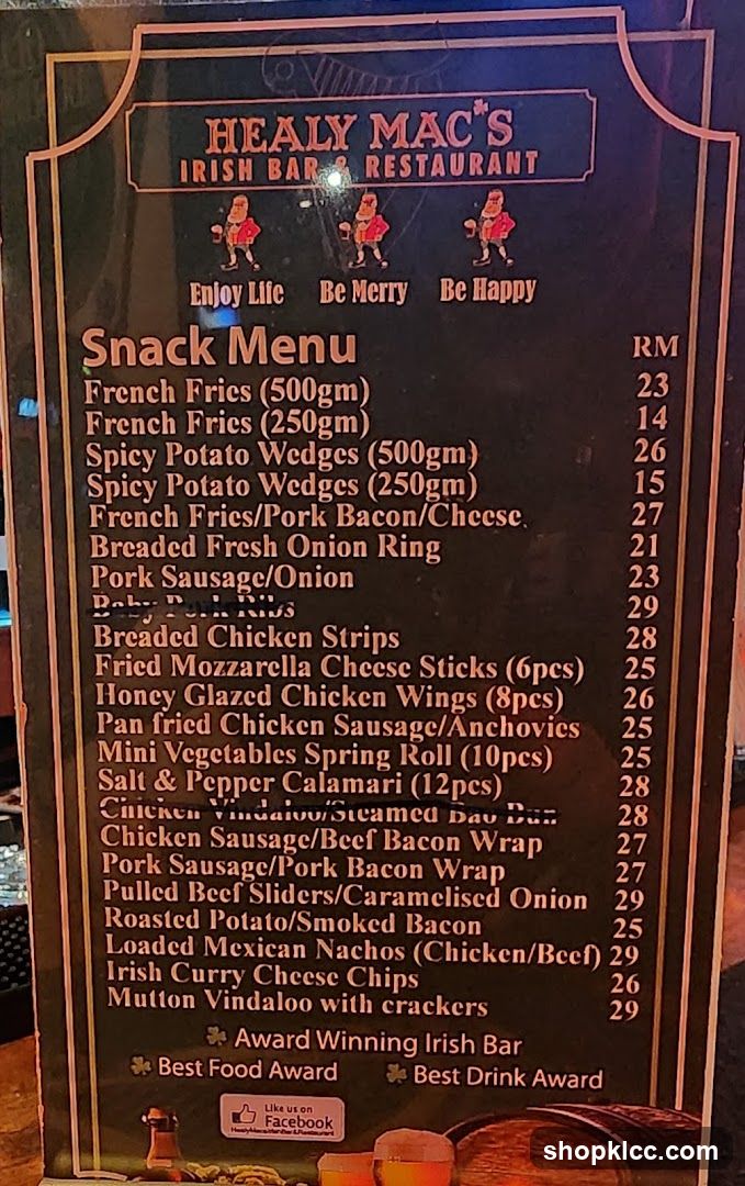 Healy Mac's Irish Bar Restaurant Snack Menu