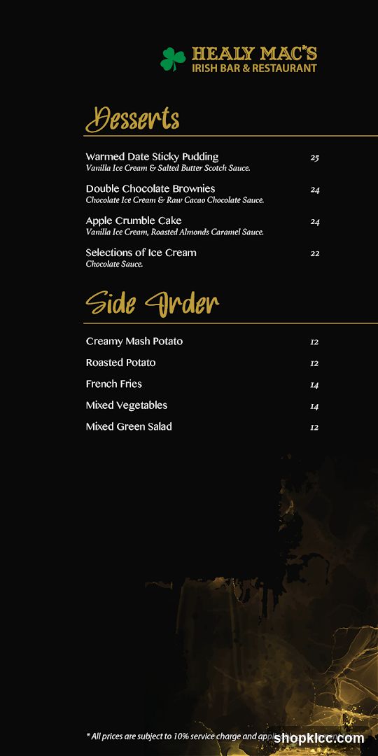 Healy Mac's Irish Bar & Restaurant Menu