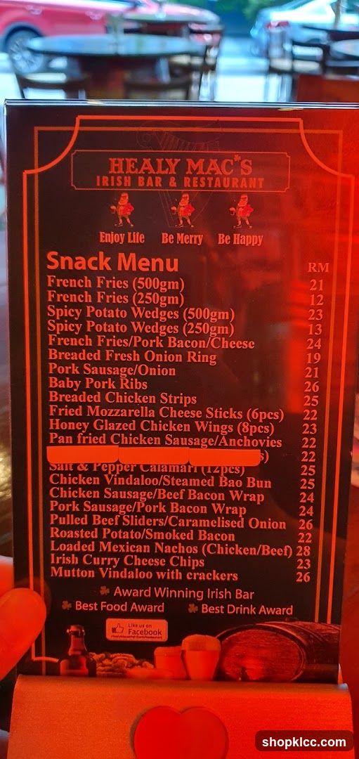 Healy Mac's Irish Bar & Restaurant Snack Menu
