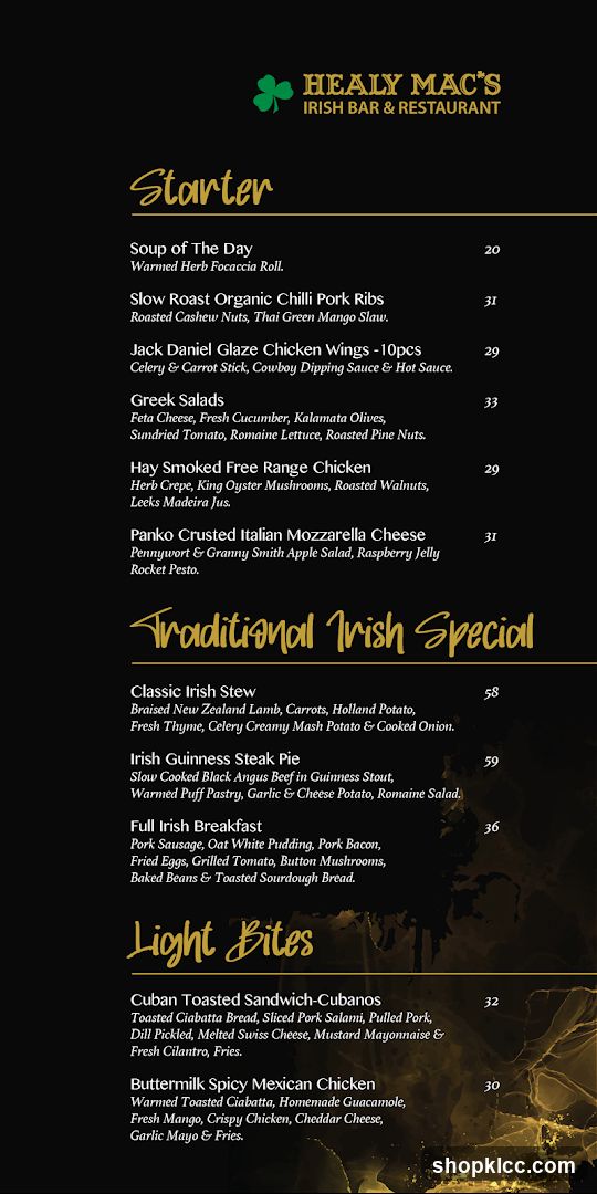 Healy Mac's Irish Bar & Restaurant Menu