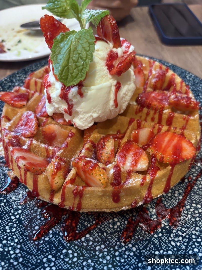 Waffle with Strawberries and Ice Cream