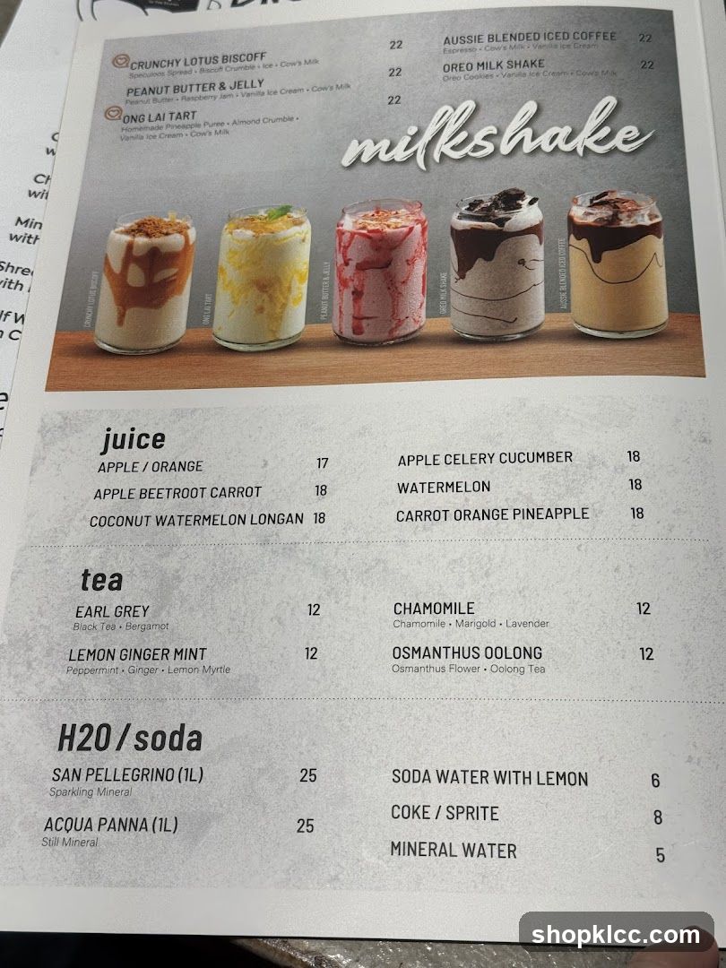 Milkshake, Juice, Tea, and H20/Soda Menu
