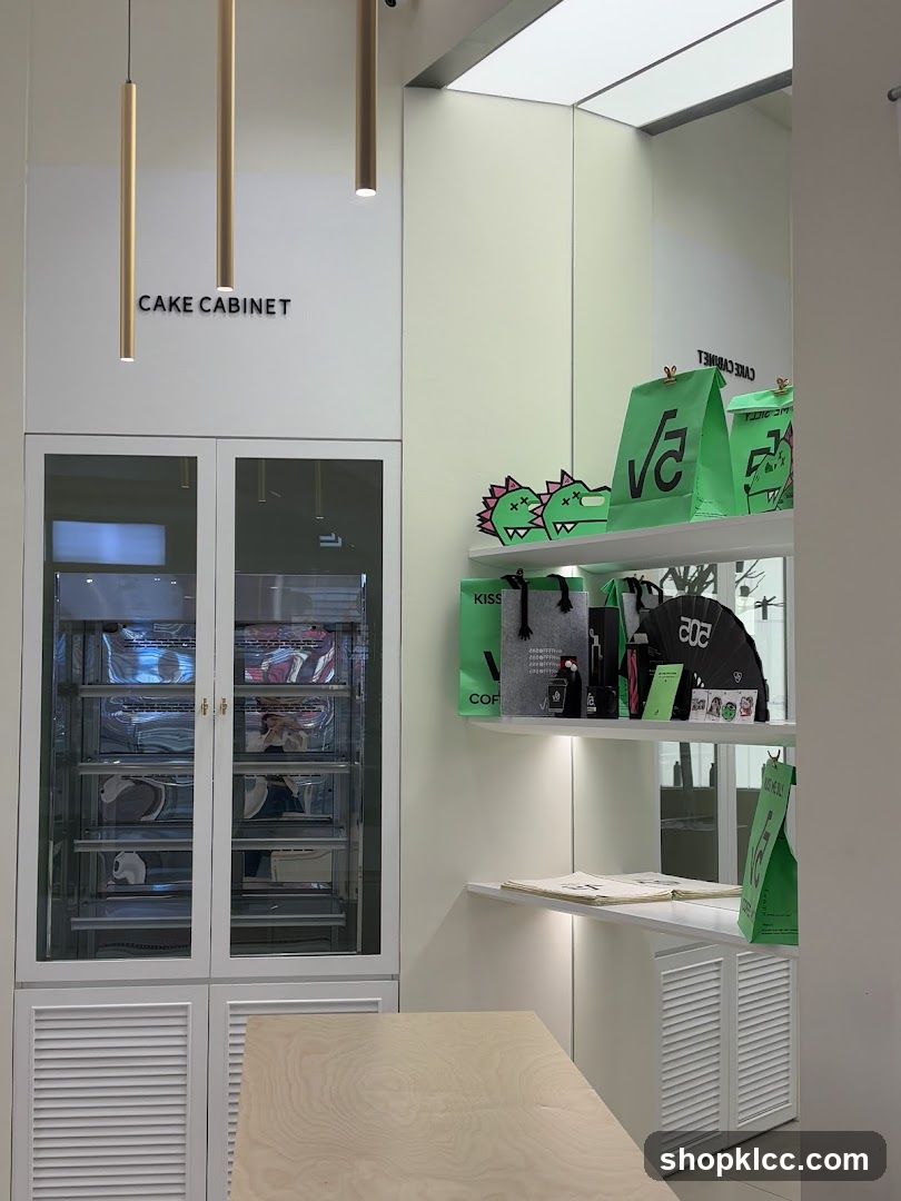 Interior of a modern cafe with a cake cabinet