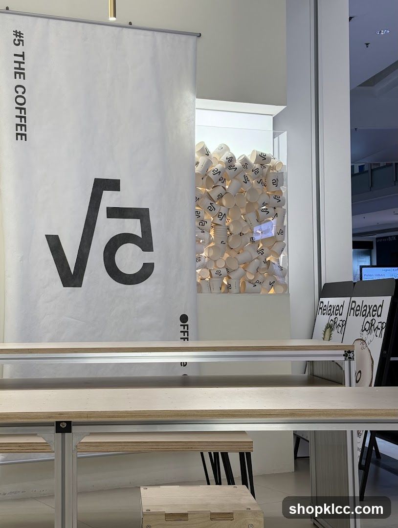 Coffee shop interior with branding and seating