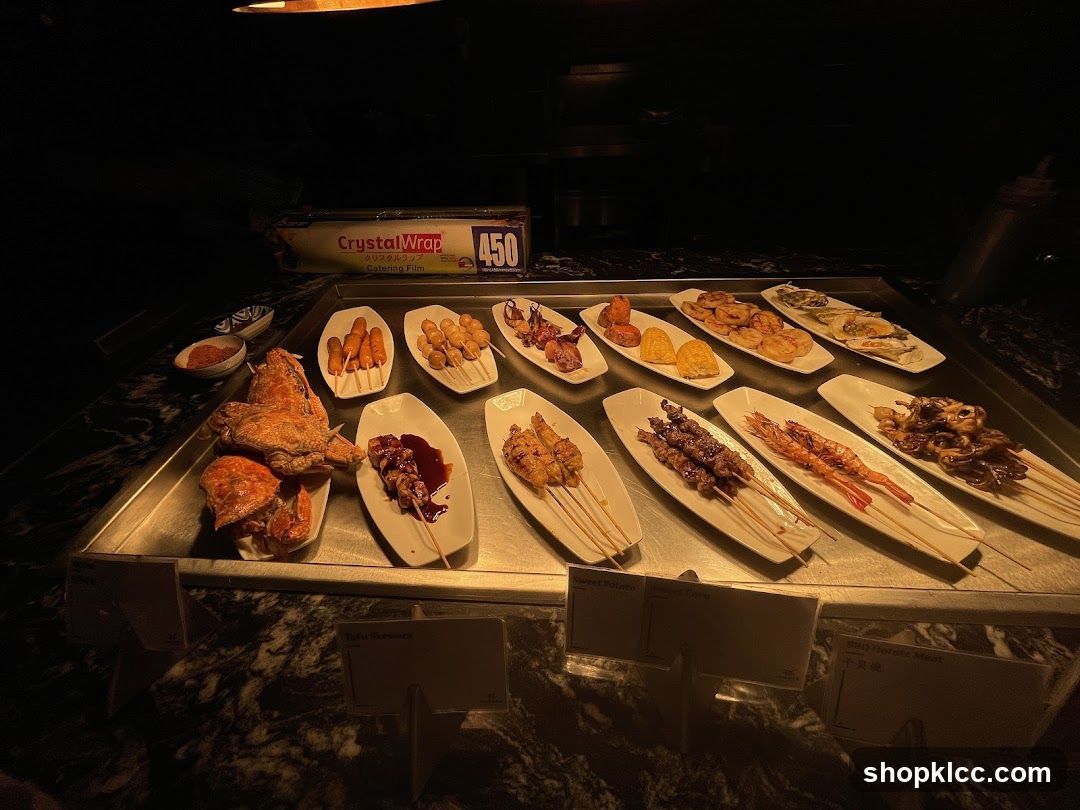 Buffet Display of Seafood and Skewers