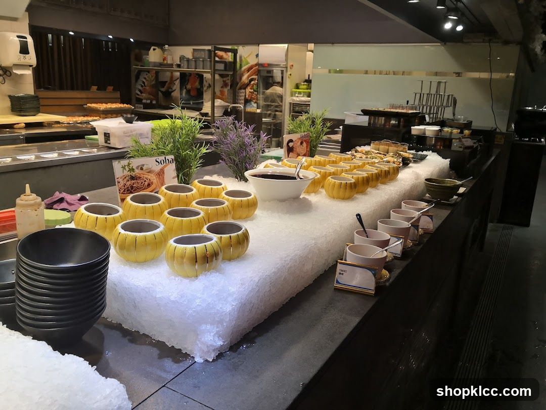 Buffet Display with Soba Noodles and Desserts