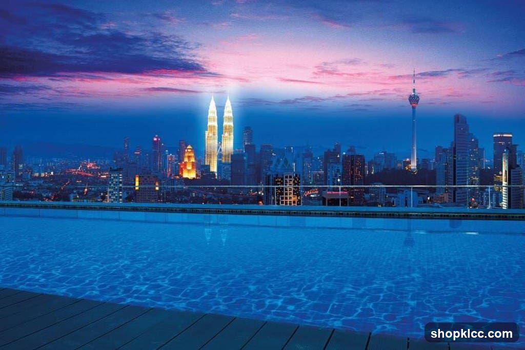 Rooftop Pool with City Skyline at Dusk