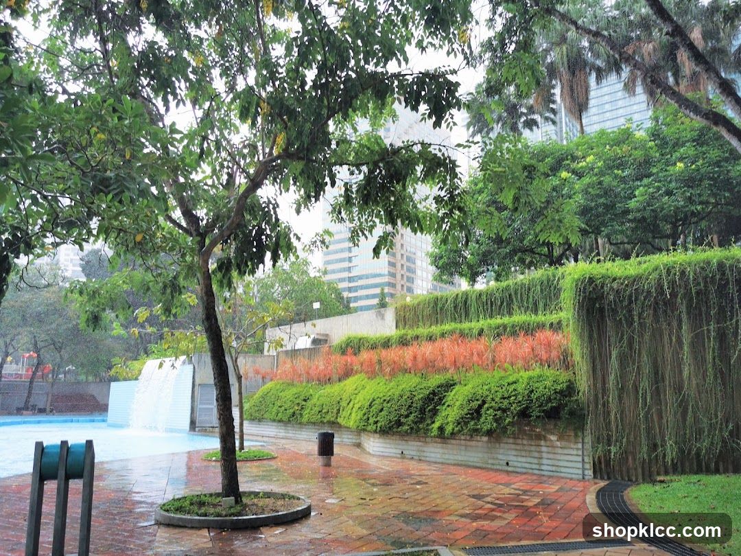 Park with Waterfall and Lush Greenery