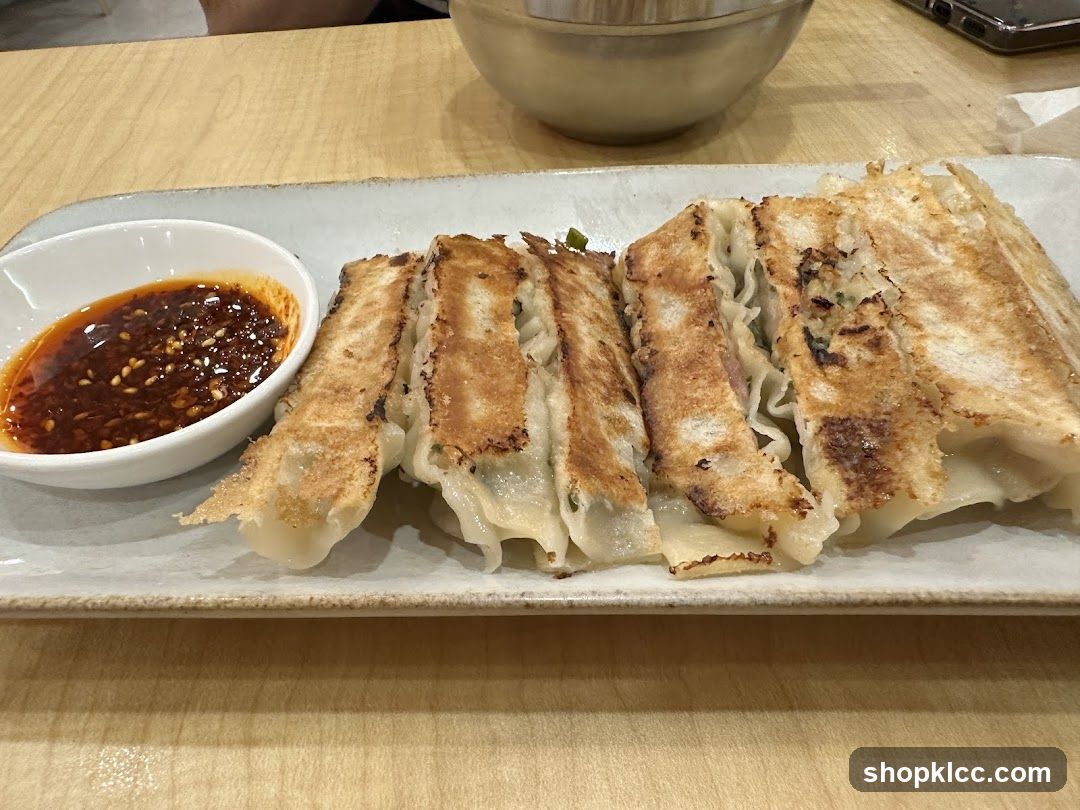 Pan-fried dumplings with dipping sauce