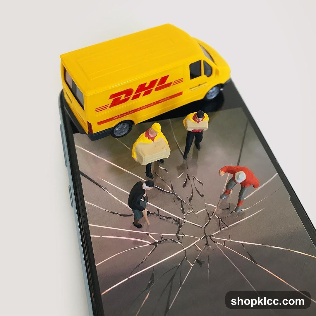 Miniature DHL Delivery Scene on Cracked Smartphone