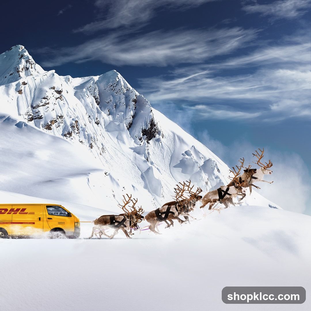 DHL Van Pulled by Reindeer in Snowy Mountains
