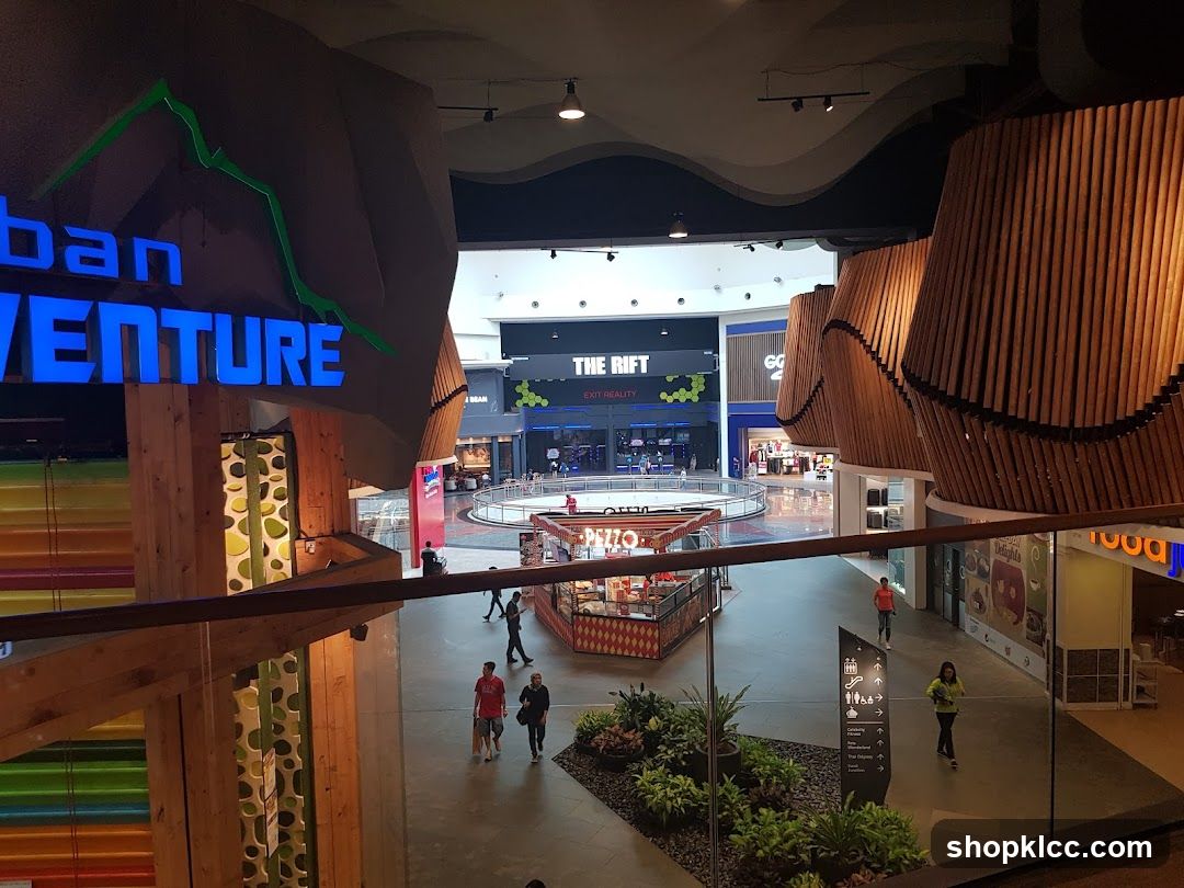 Indoor shopping mall with various stores and attractions