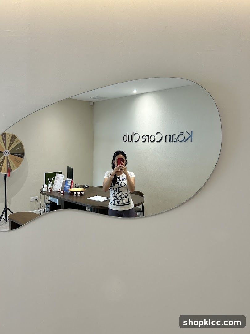Interior of a business with a mirror reflection