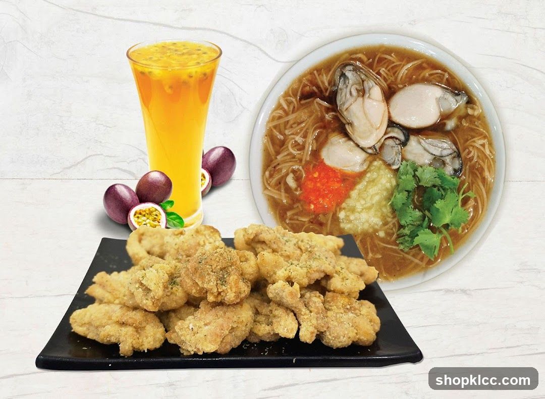 Food Display with Mussels, Fried Chicken, and Juice