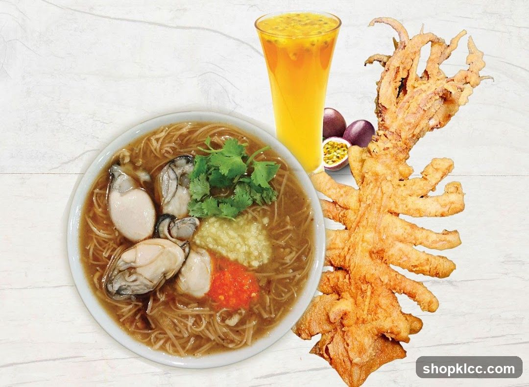 Oyster Noodle Soup with Fried Squid and Passion Fruit Drink