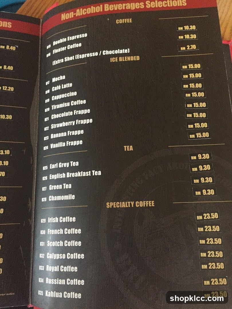 Non-Alcohol Beverages Selections Menu