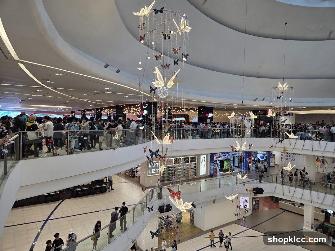 Shopping Mall Interior with Hanging Art Installations