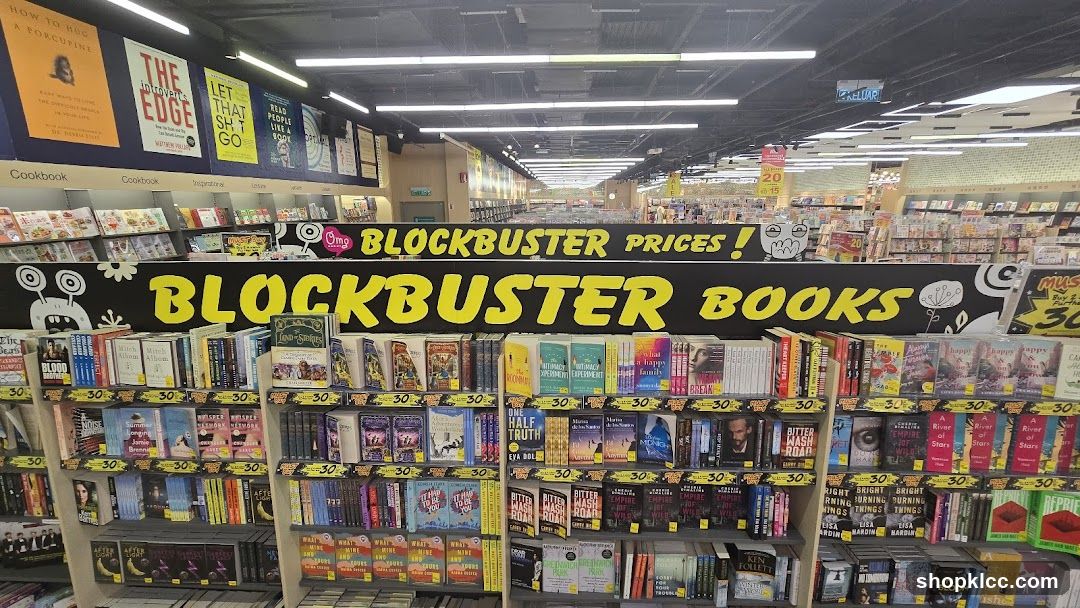 Bookstore aisle with sale signs