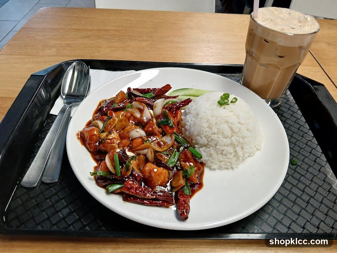 Spicy Chicken with Rice and Drink