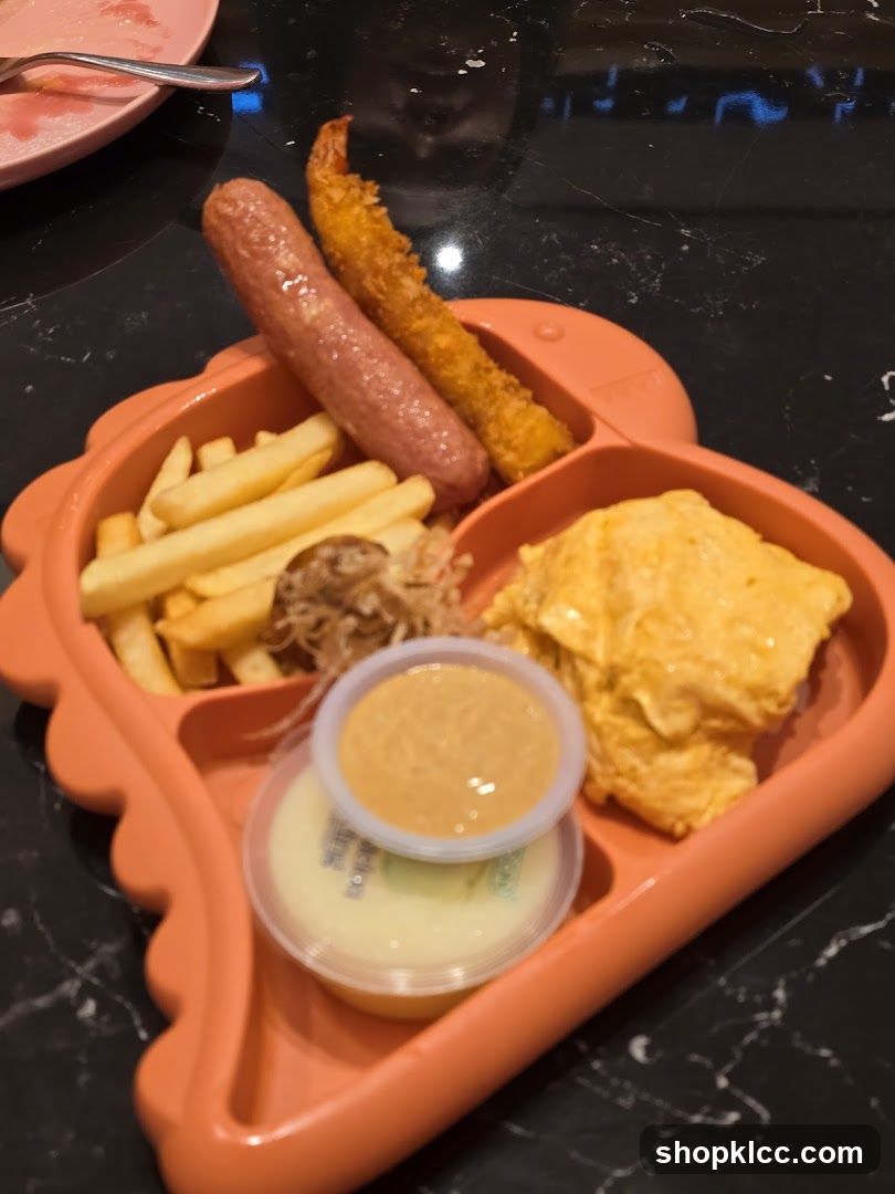 Dinosaur-shaped plate with food
