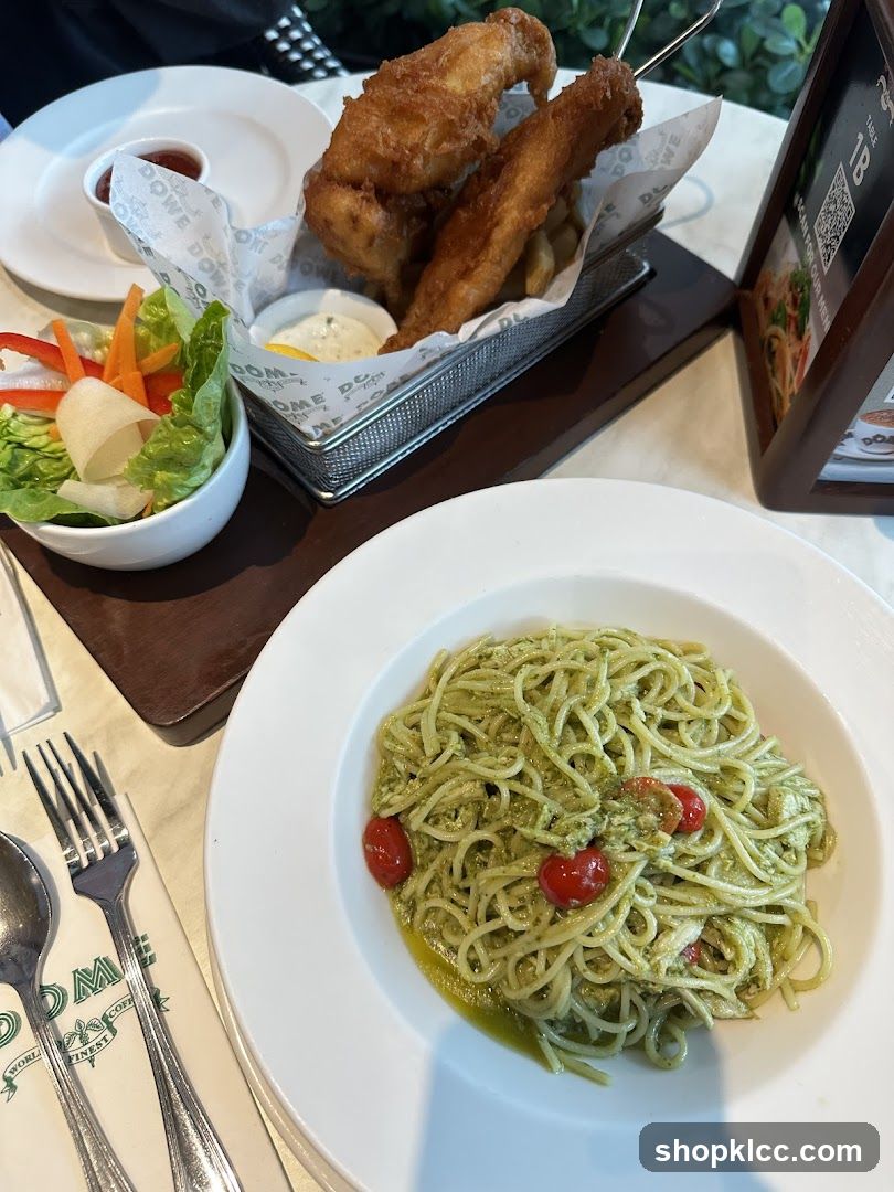 Pesto Pasta and Fish and Chips
