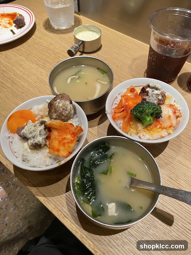 Bowls of rice with toppings and soup