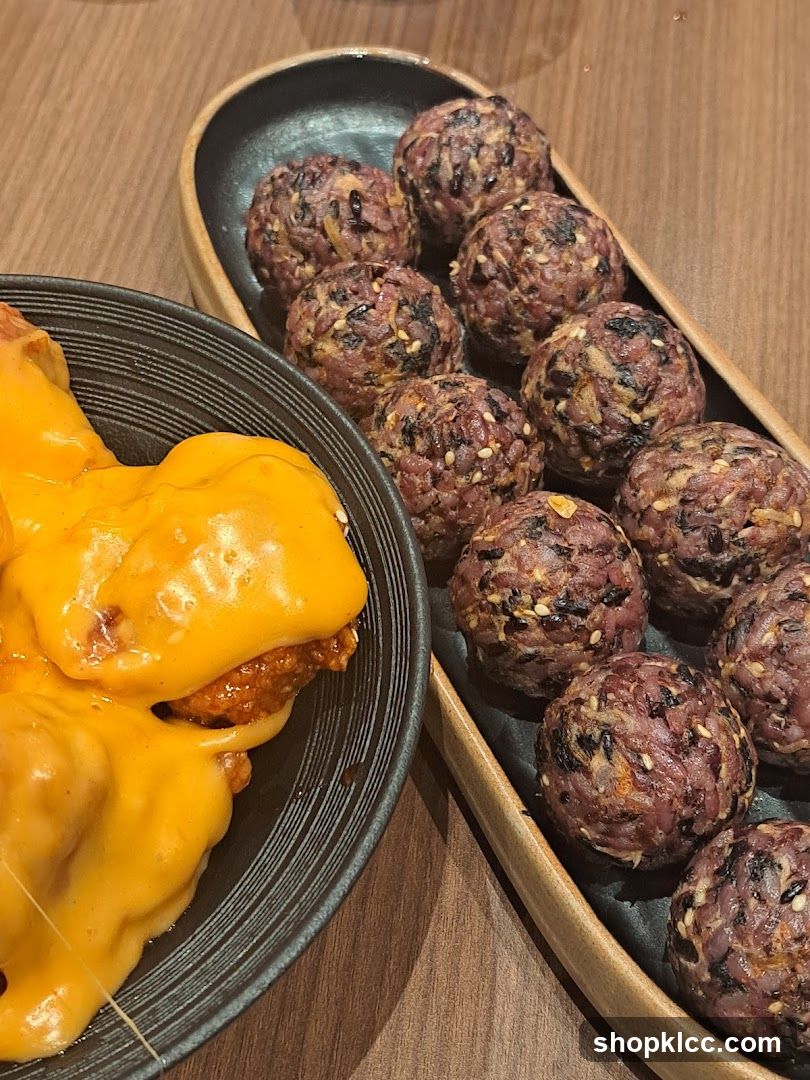 Cheese-covered food and rice balls