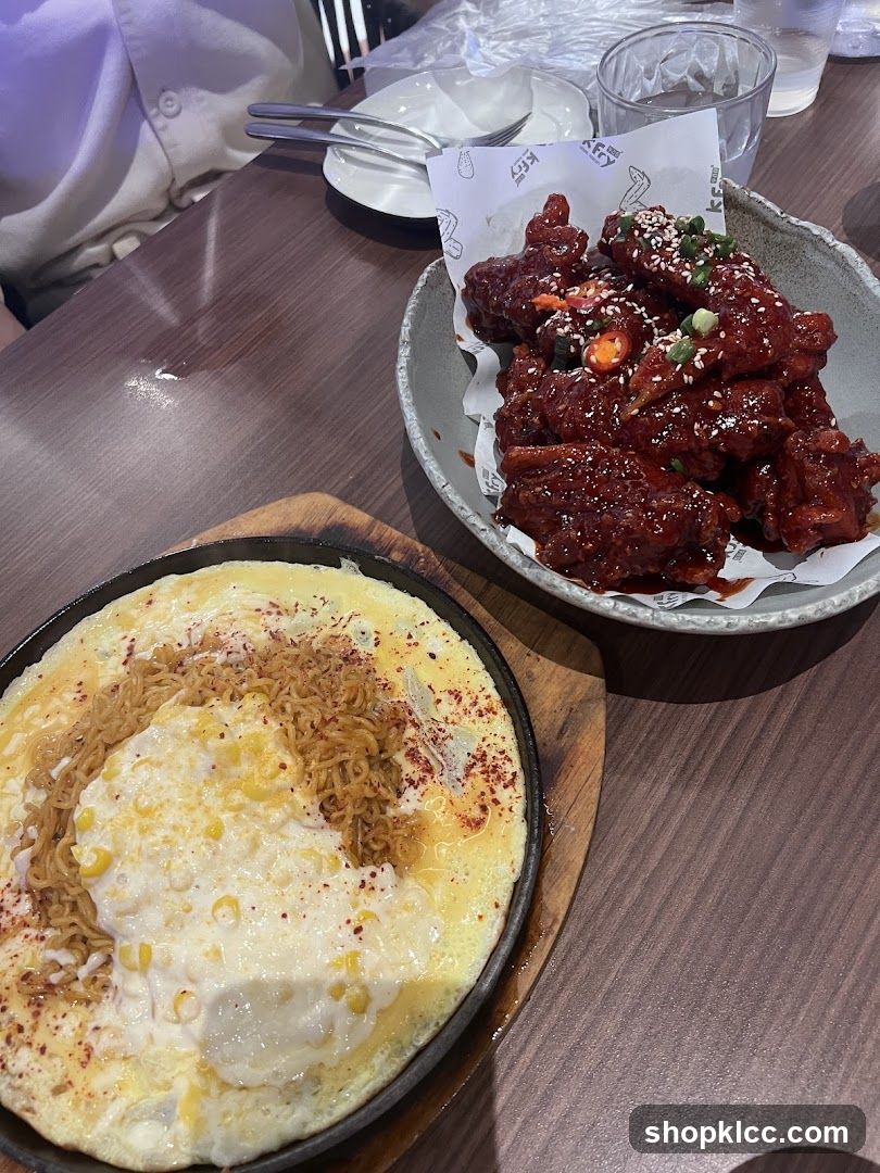 Korean Fried Chicken and Cheesy Egg Dish