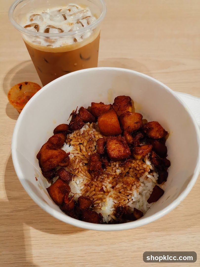 Rice bowl with meat and iced coffee