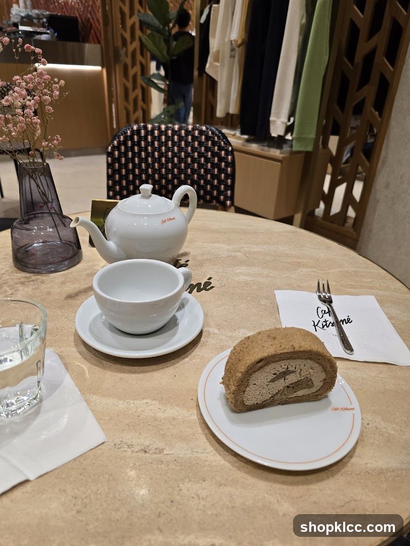 Cafe table with cake and tea