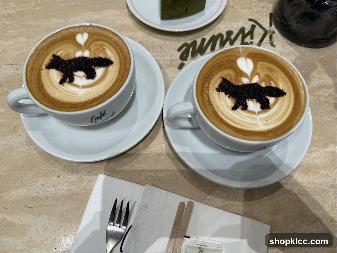 Two coffees with fox latte art