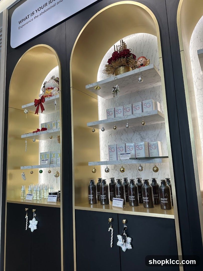 Display shelves with products and holiday decorations