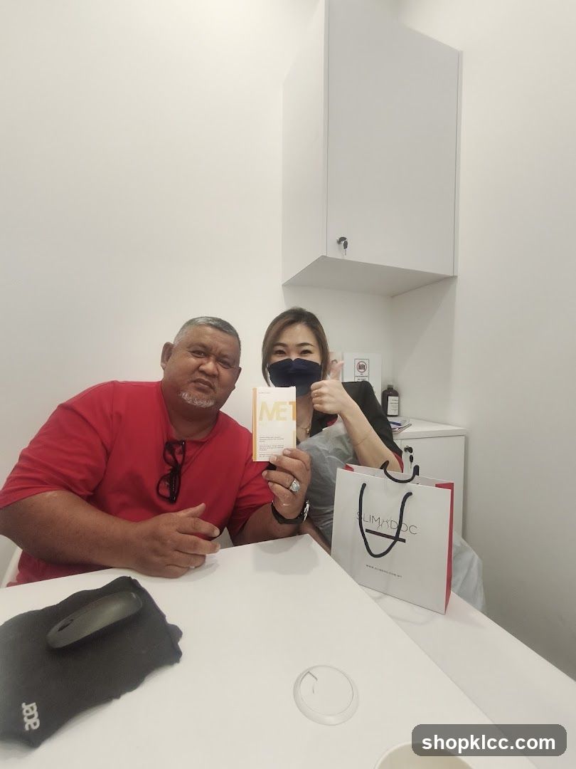 Two people holding a product and a shopping bag