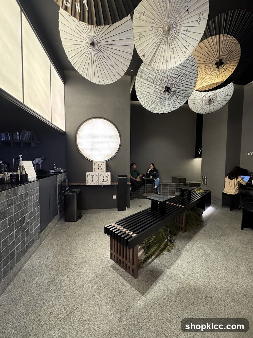 Modern Cafe Interior with Decorative Umbrellas