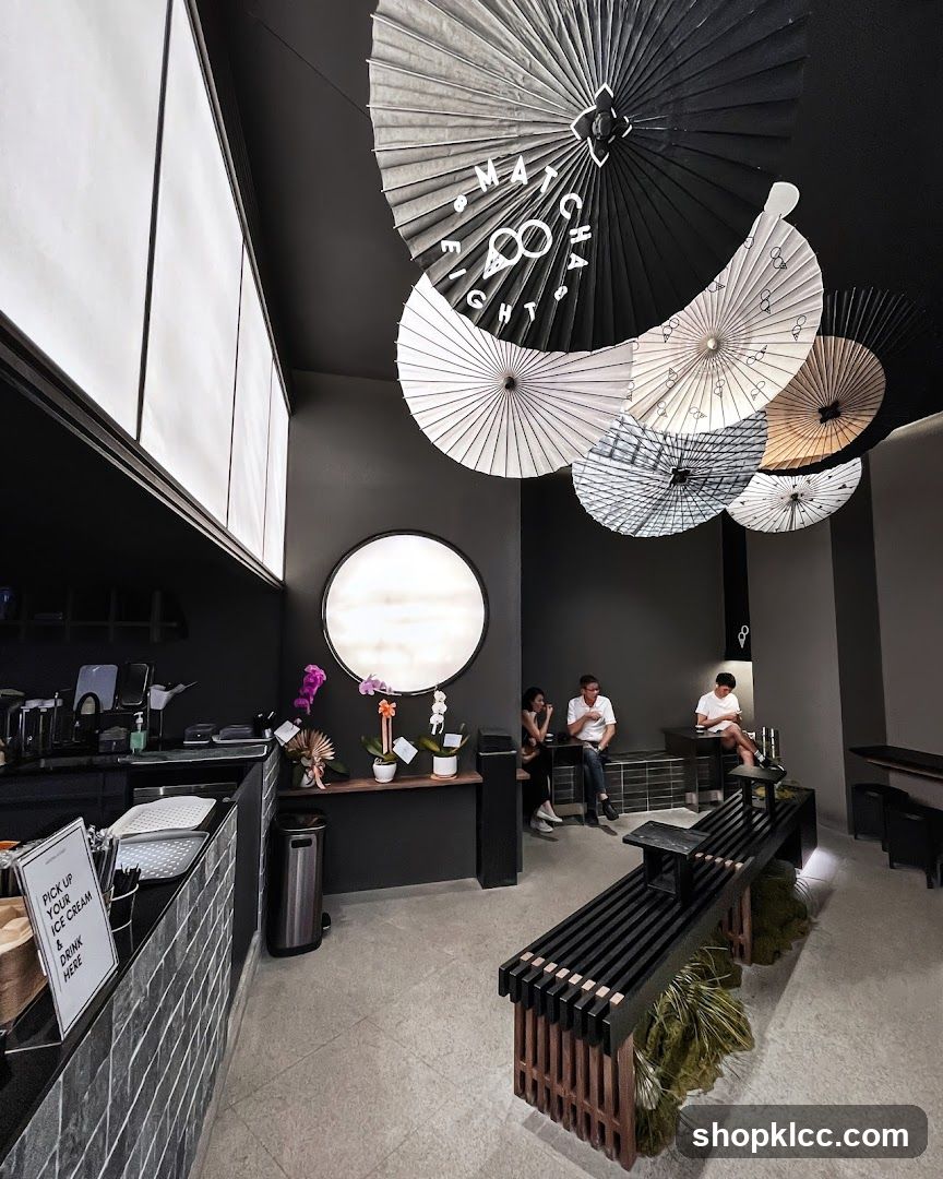 Modern Cafe Interior with Decorative Umbrellas