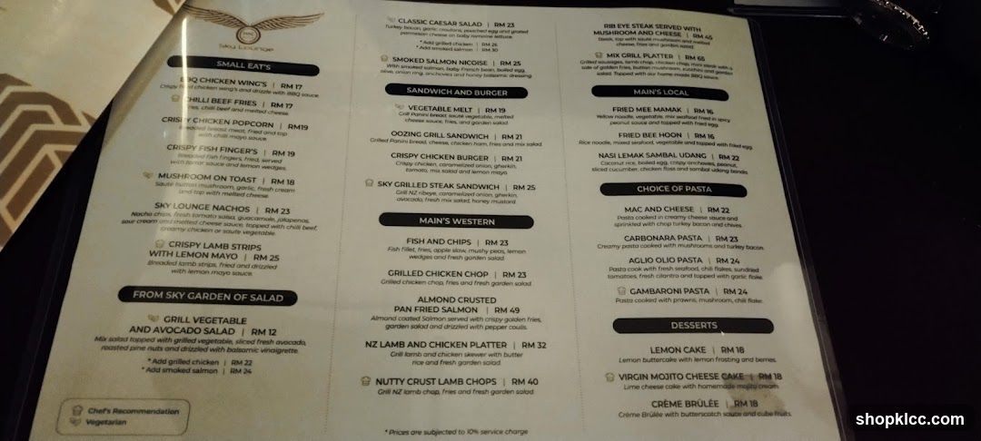 Sky Lounge Menu