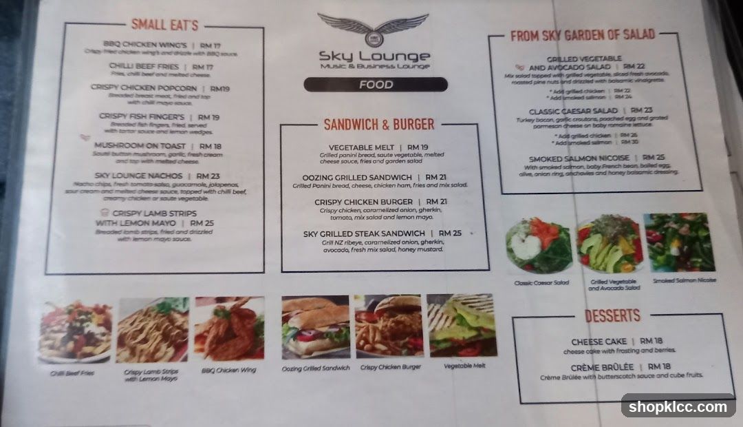 Sky Lounge Food Menu