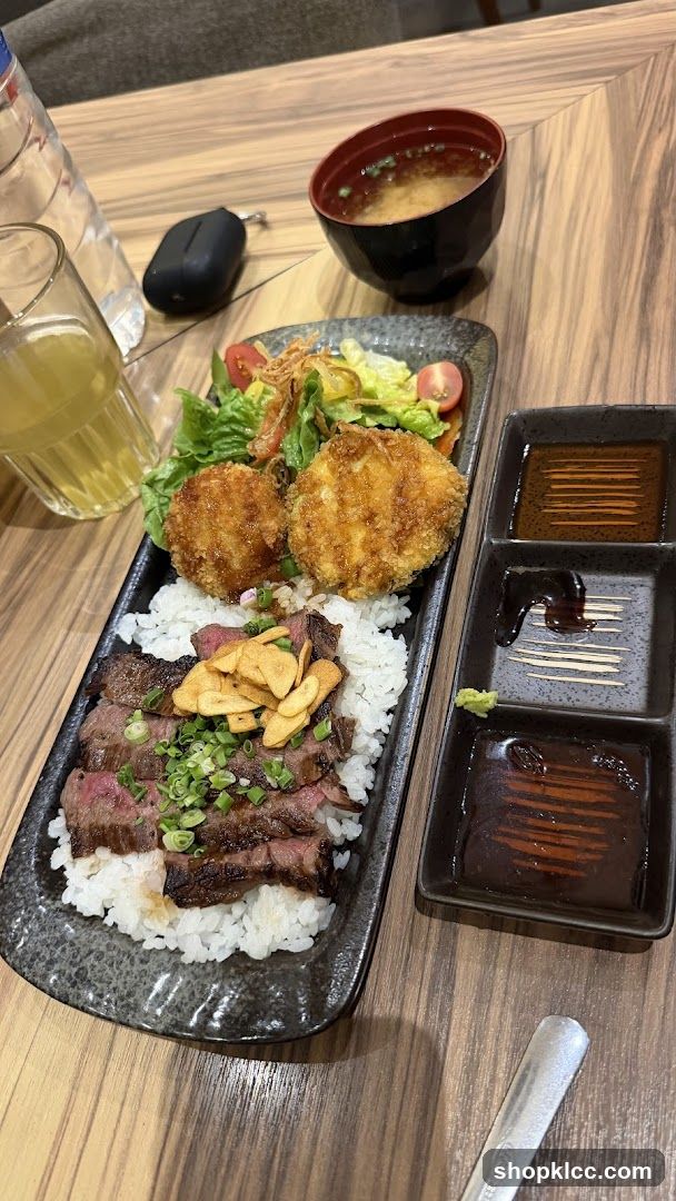 Beef Donburi with Side Salad and Miso Soup