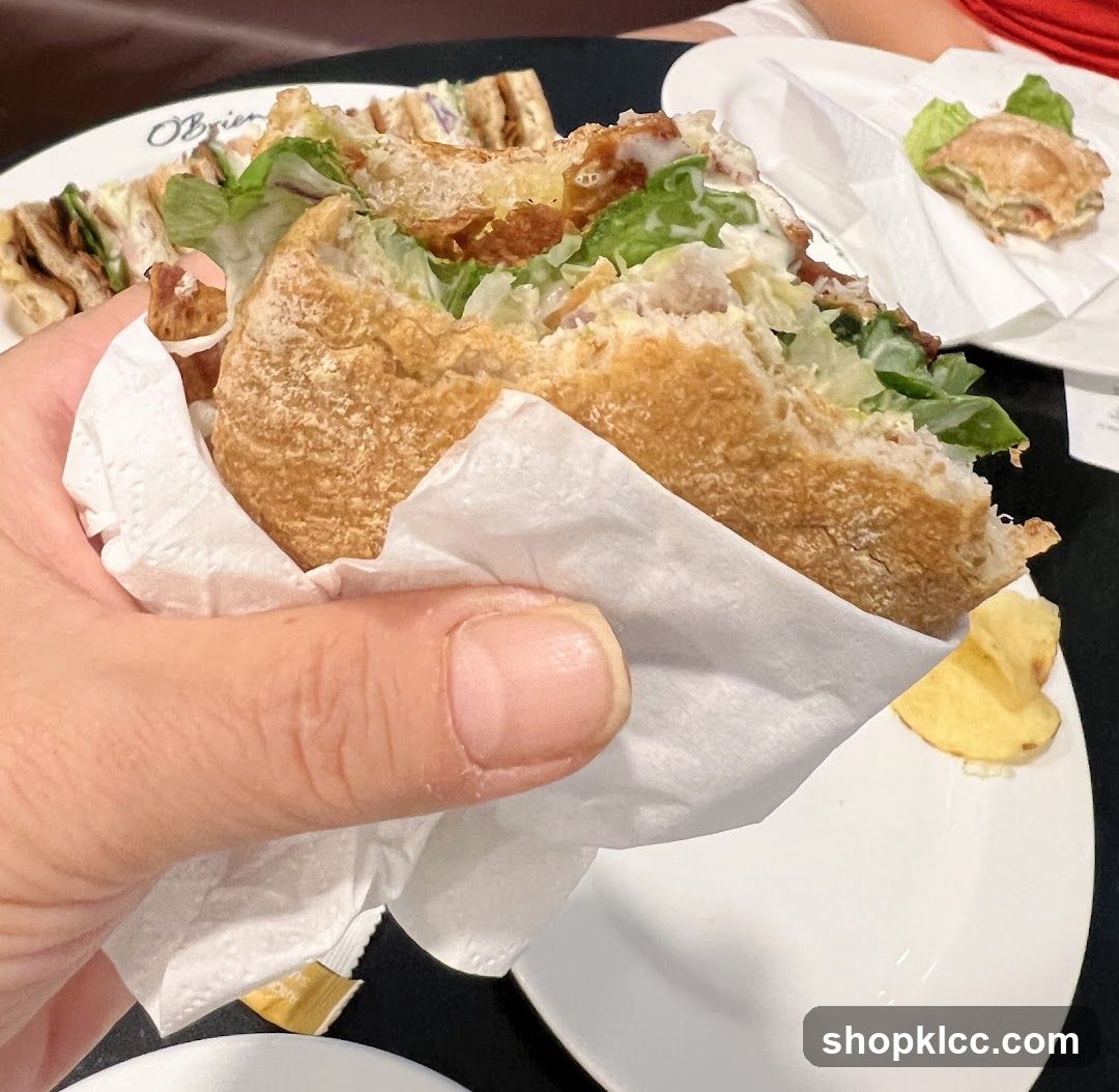 Hand holding a large sandwich