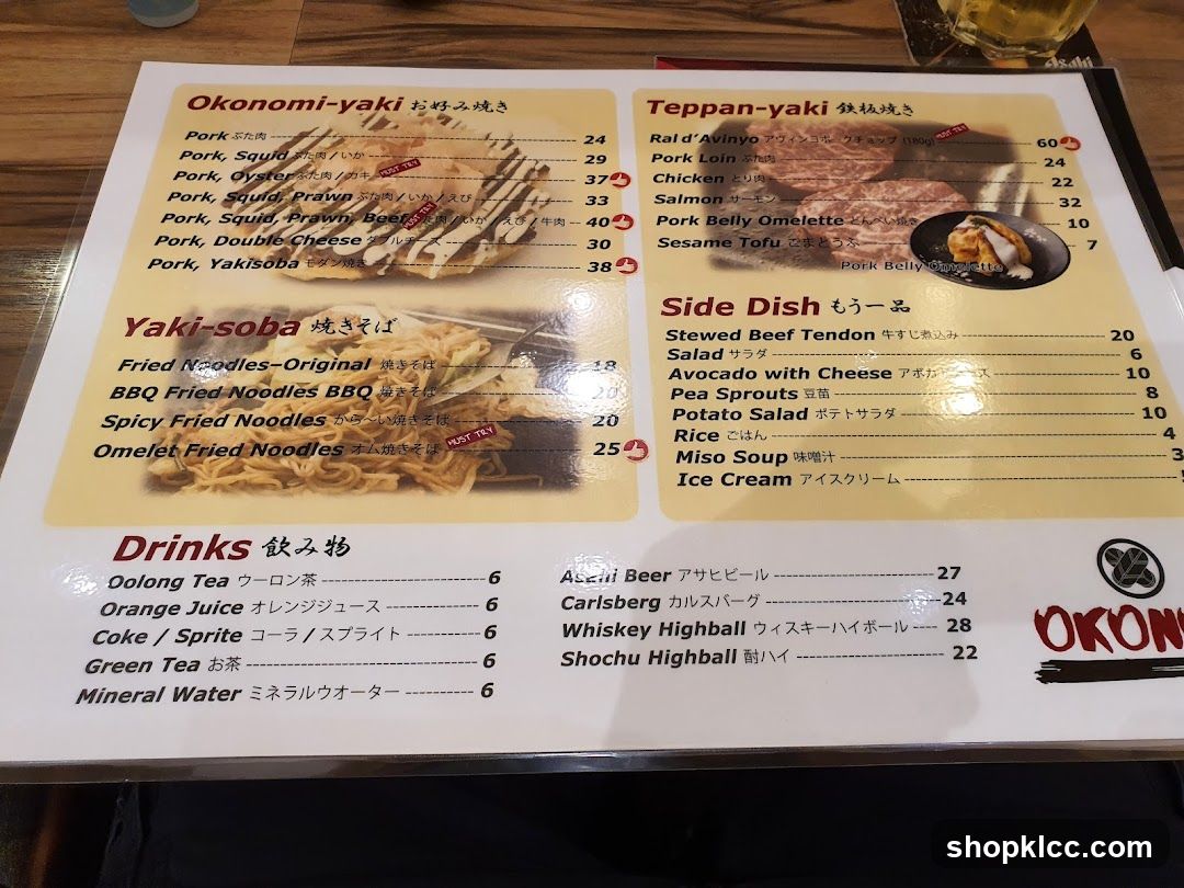 Okonomi-yaki, Teppan-yaki, Yaki-soba, Side Dish, Drinks