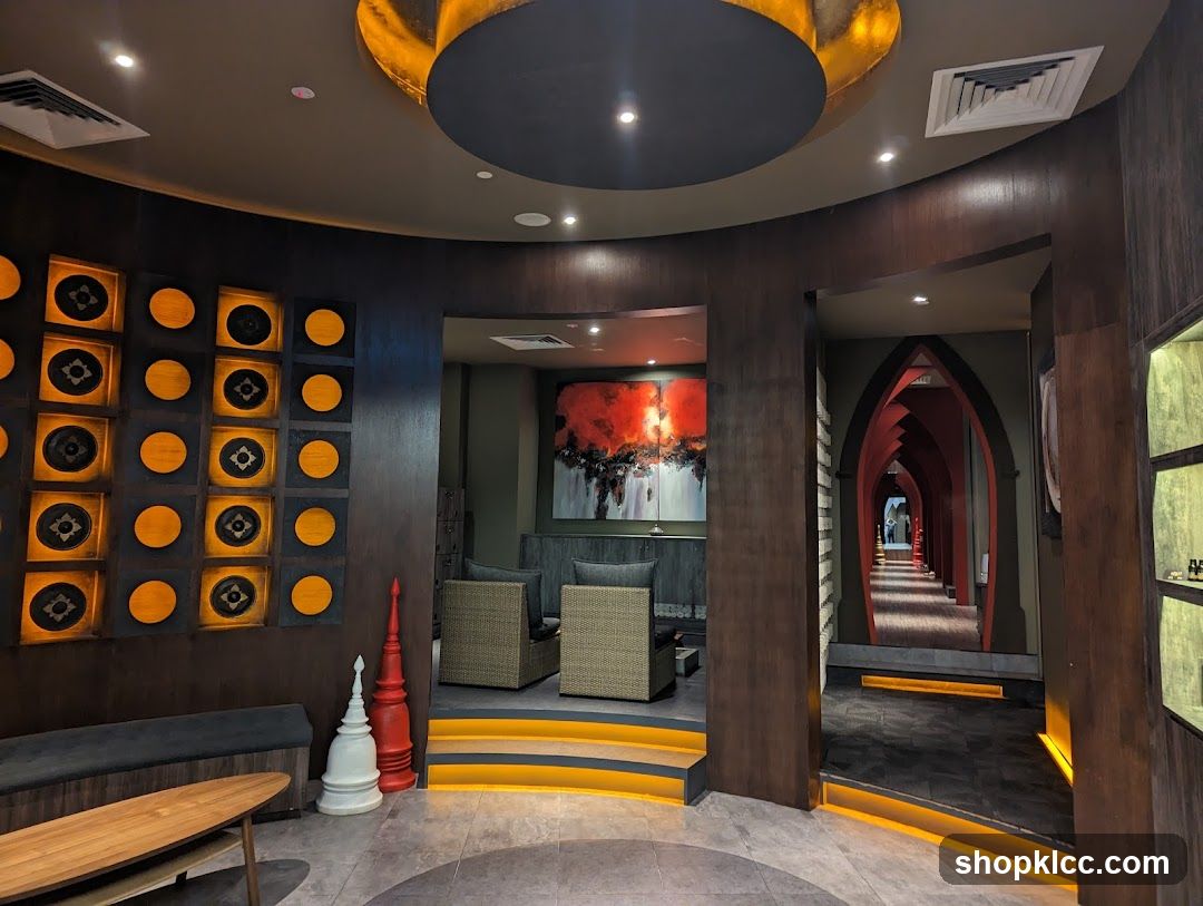 Interior of a dimly lit establishment with decorative elements